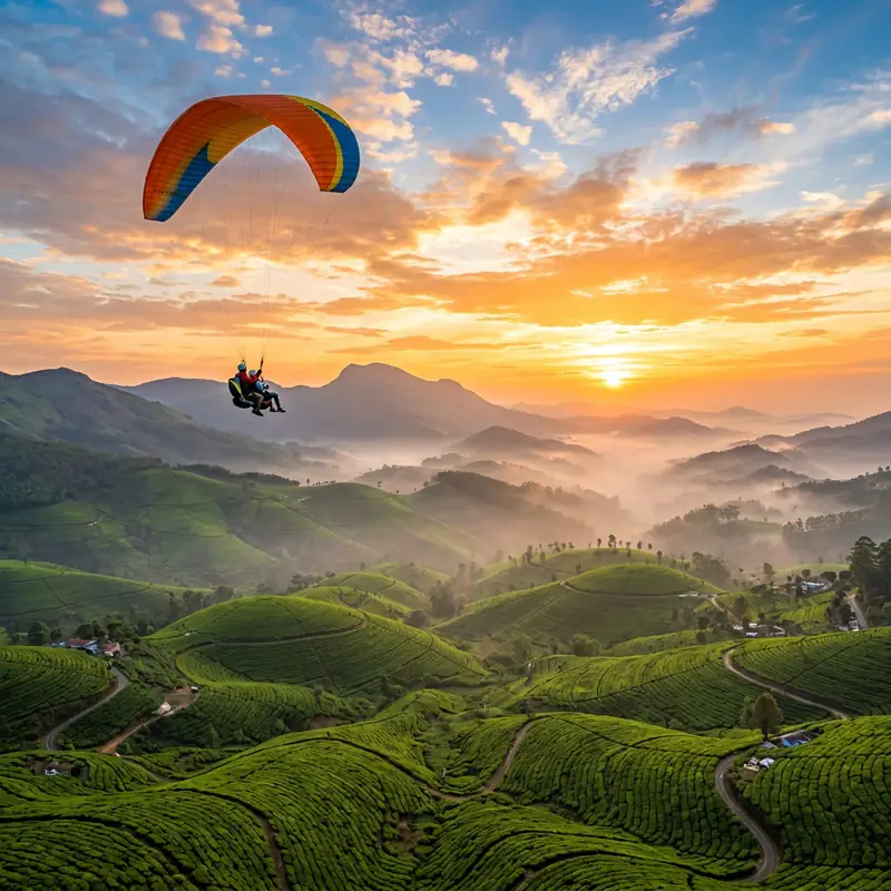 Paragliding over Munnar tea plantation valleys at sunset