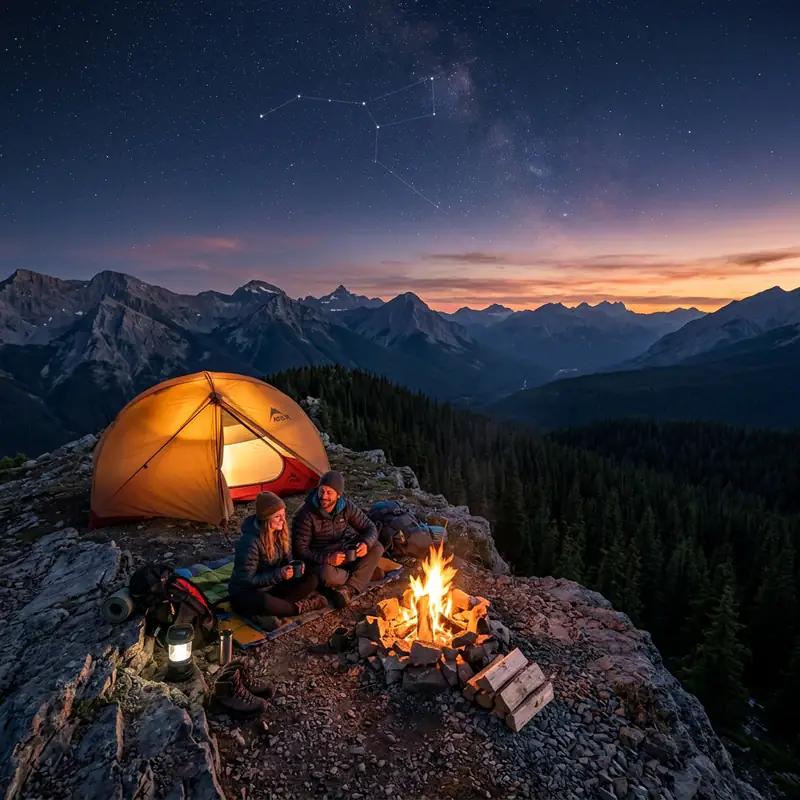 Campfire and illuminated tent under mountain night sky