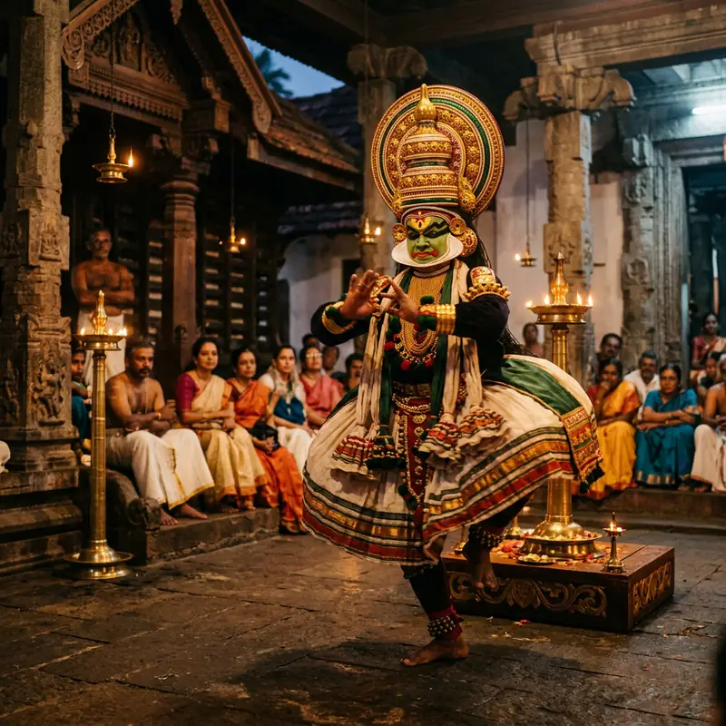 Traditional Kathakali dancer performance under oil lamps
