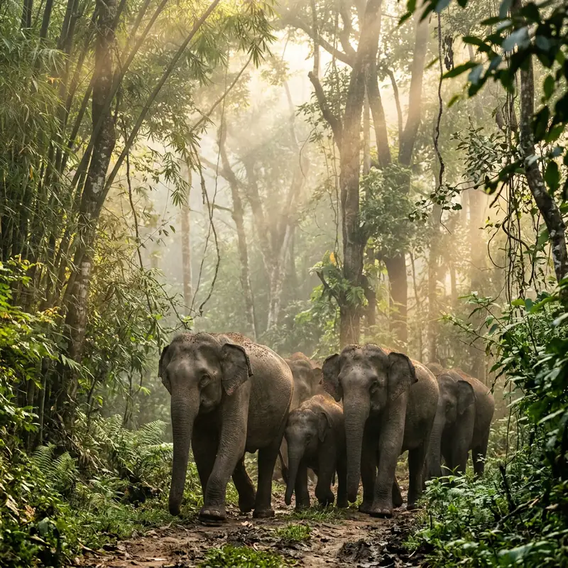 Wild Asian elephants in Periyar tiger reserve forest mist