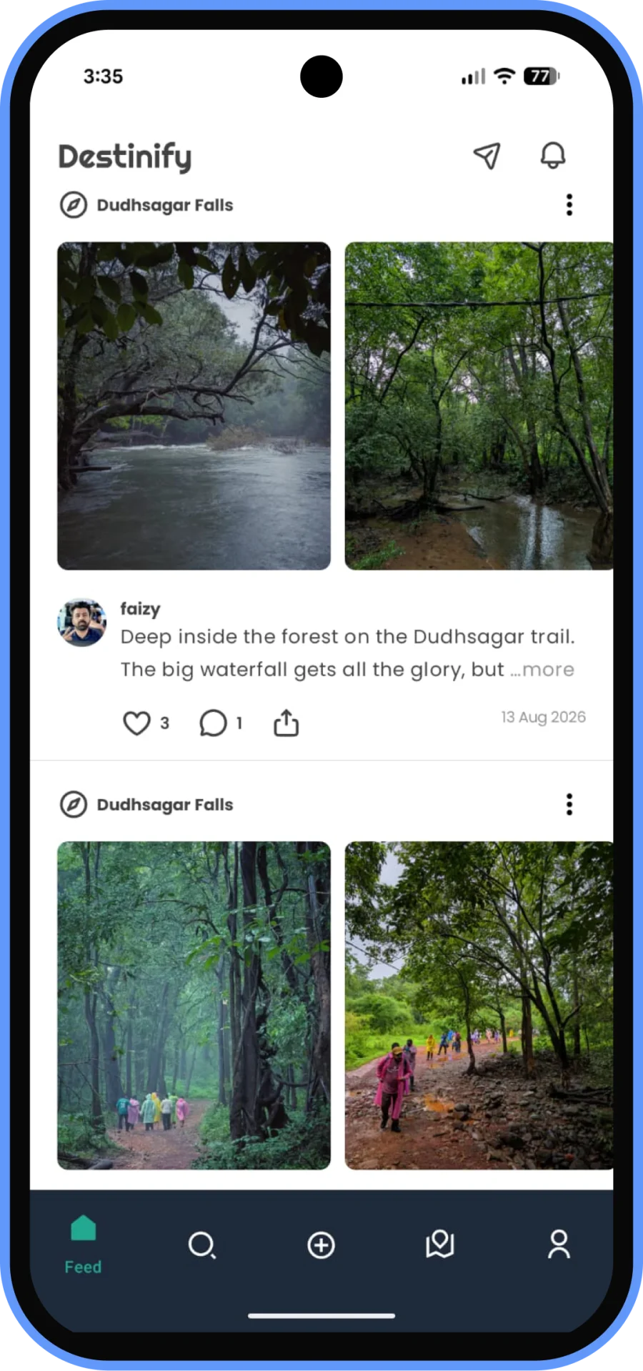 Destinify Moments feed with traveller photos