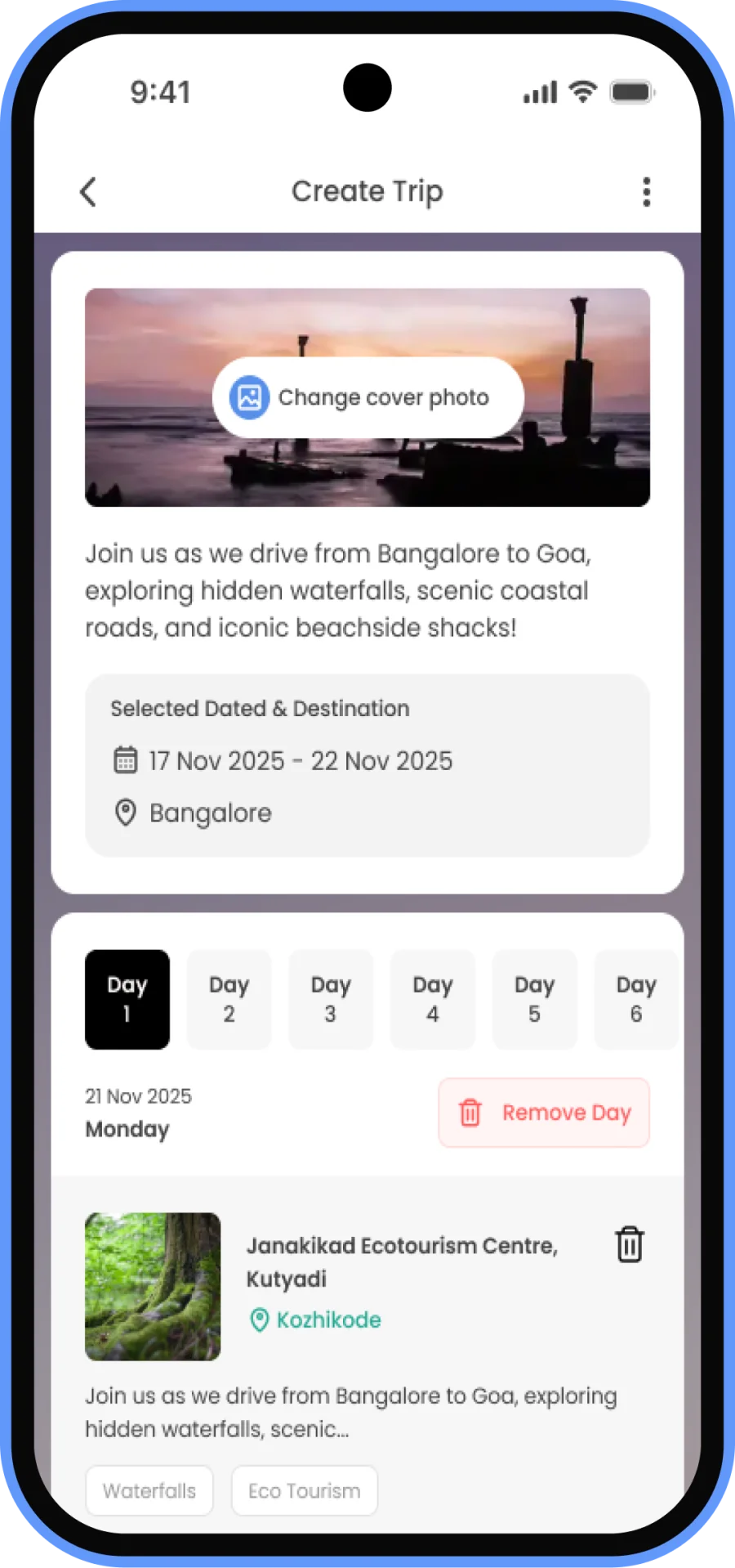 Destinify Trip Planner itinerary screen
