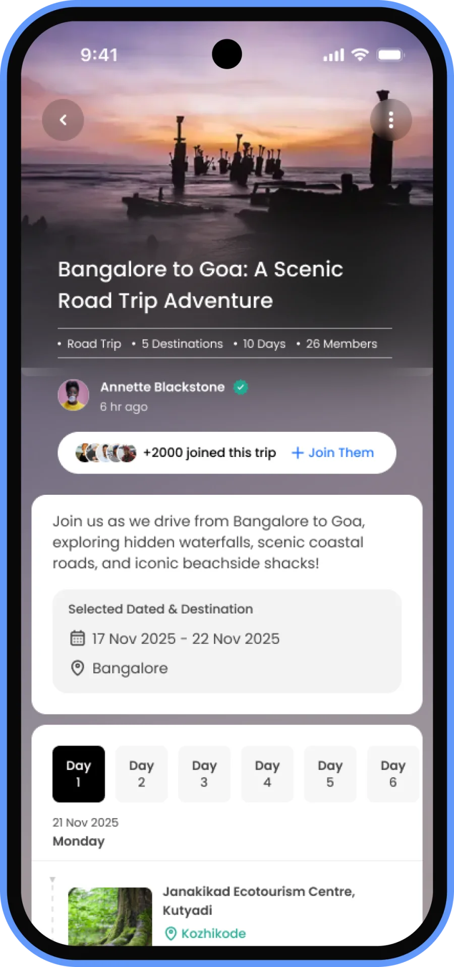 Destinify app showing a shared trip itinerary
