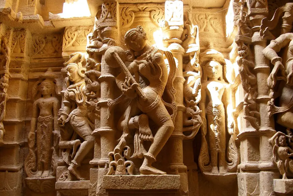 Carved sandstone of the Jain temples inside Jaisalmer Fort, Rajasthan